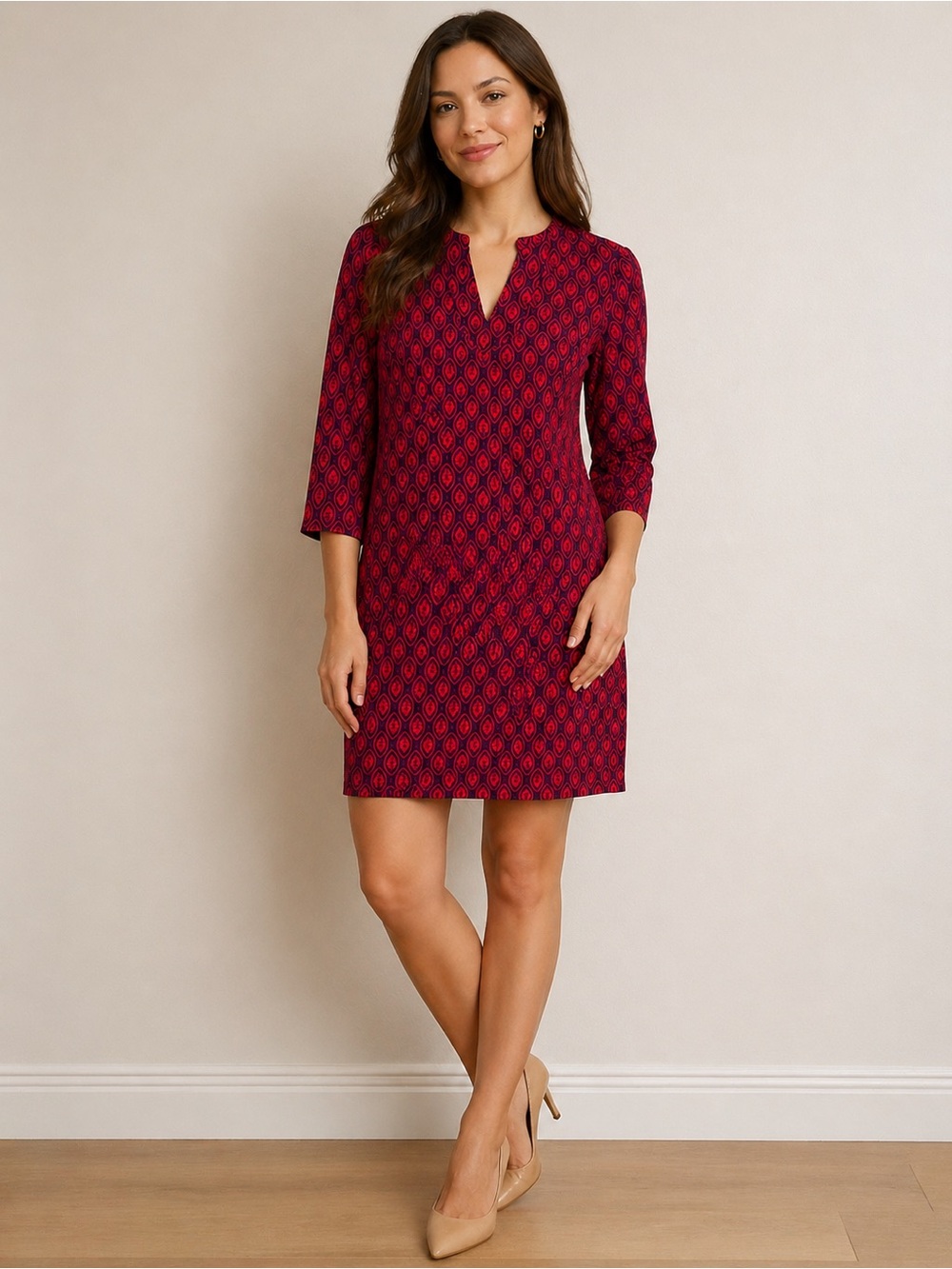 Boden Red Patterned Split Neckline Long Sleeve Shift Dress Size 2 Regular